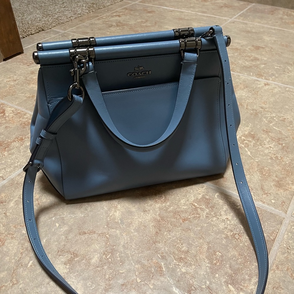 Blue gray Coach Bag with handles and crossbody strap
